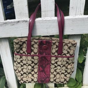 Coach w tan, brown, raspberry patent-leather trim
